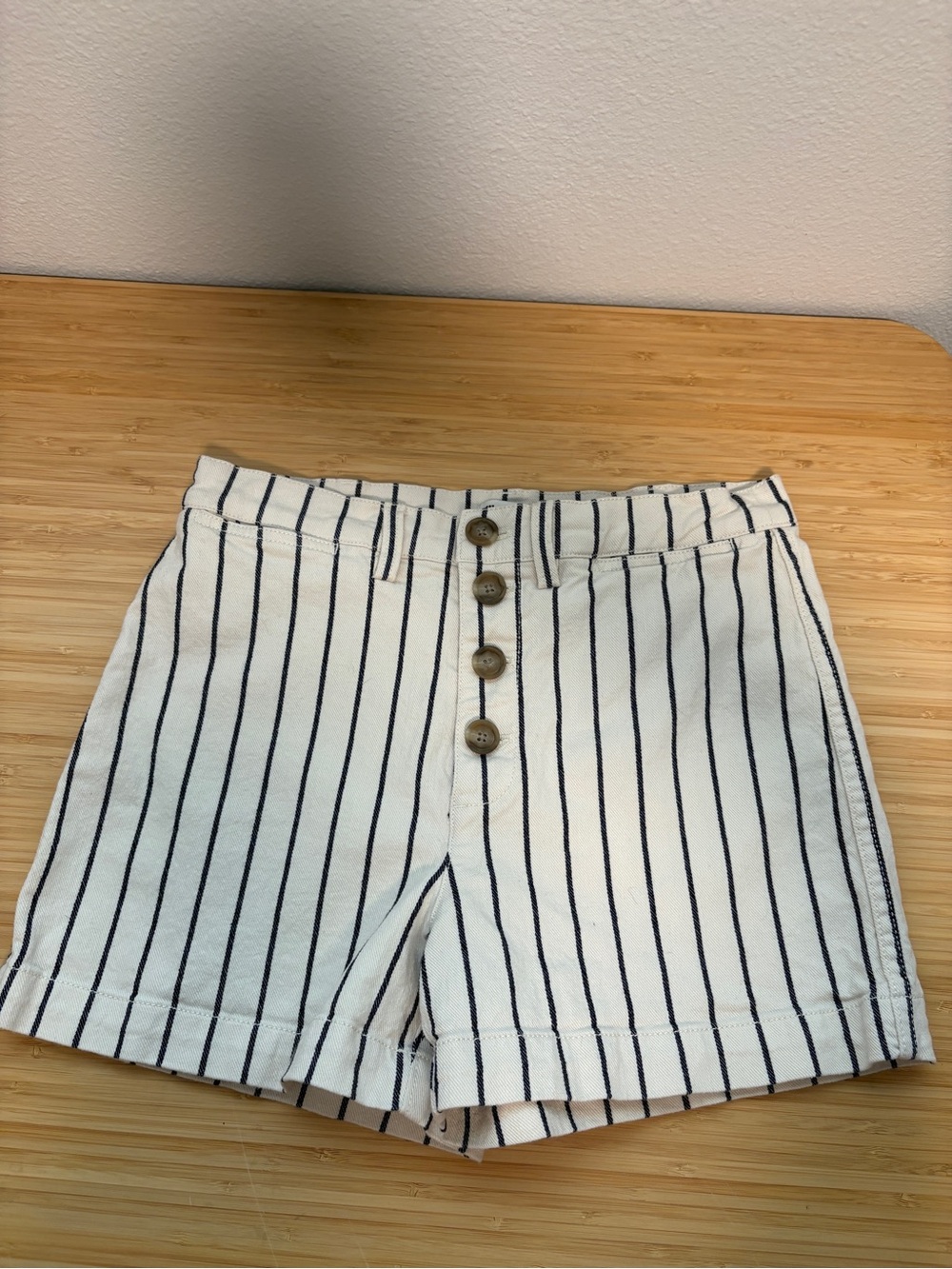 Madewell White Shorts with Black Pinstripes and Button-Front